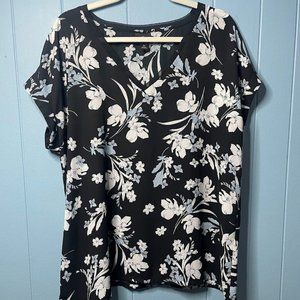 Women's Blouse Black and White Floral Worthington Short Sleeve Size XL